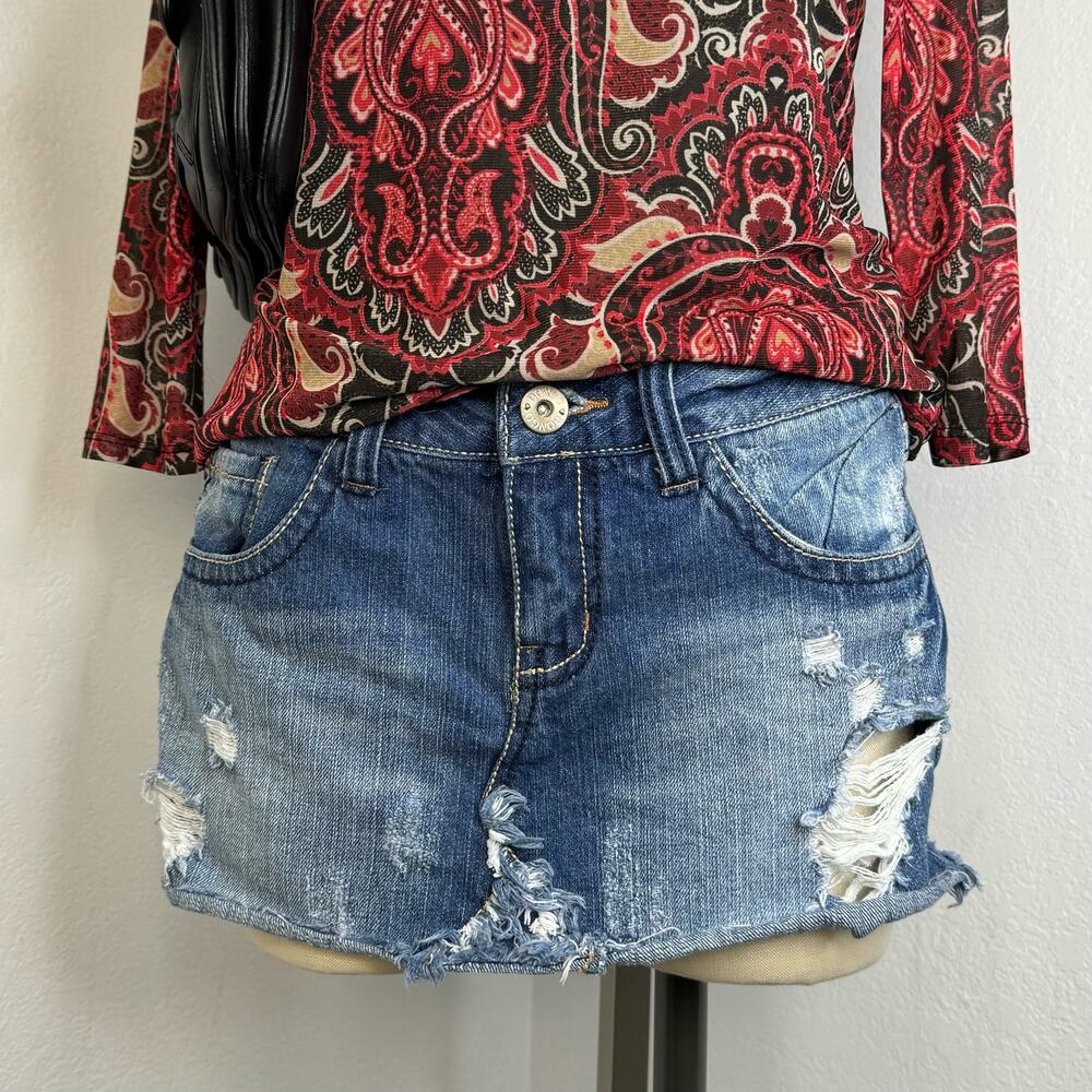 Y2K Mirco Mini Jeans Skirt Distressed Pocket Design Bongo Size 9